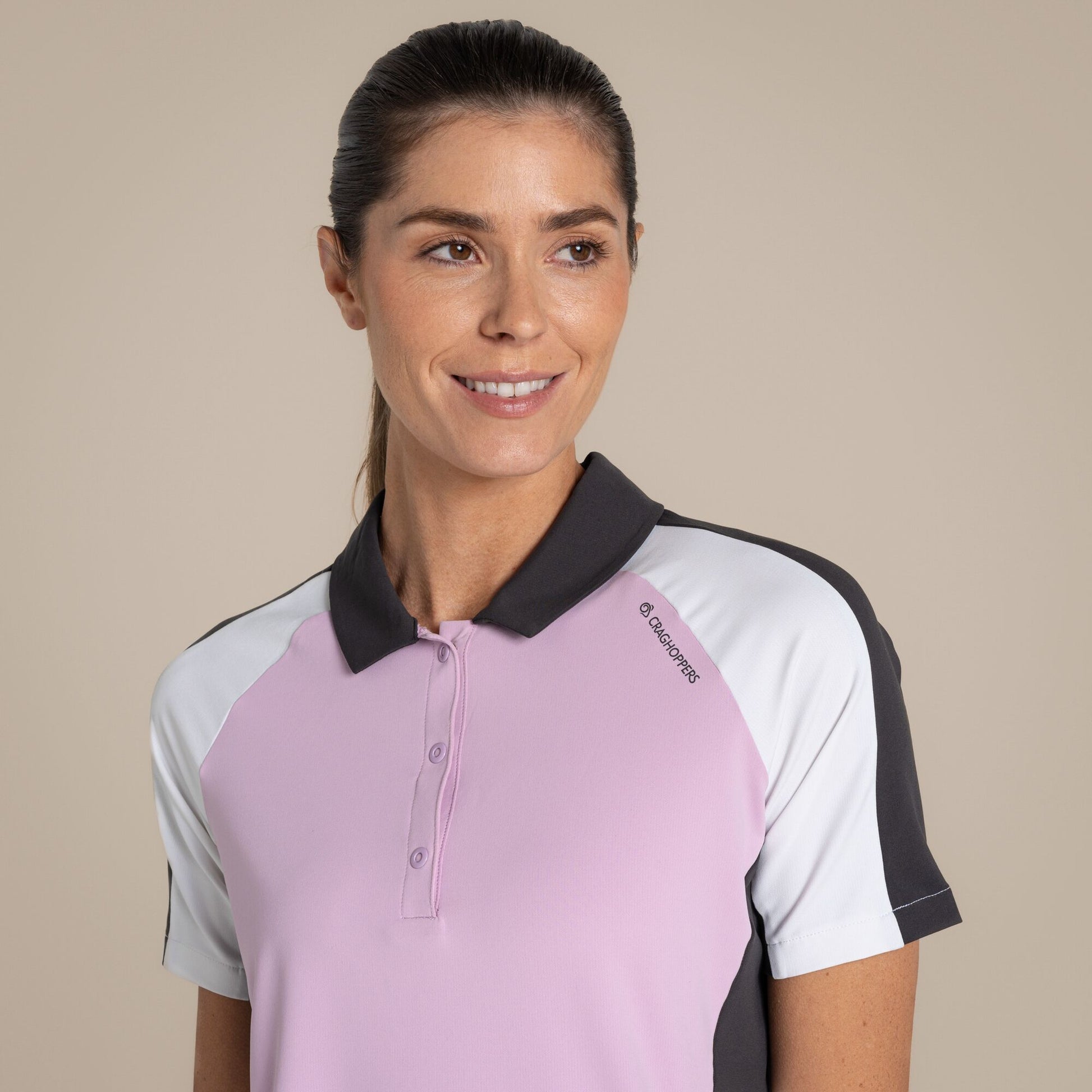 Orchid-White - Side - Craghoppers Womens-Ladies Hazelmere Nosilife Short-Sleeved Golf Polo Shirt