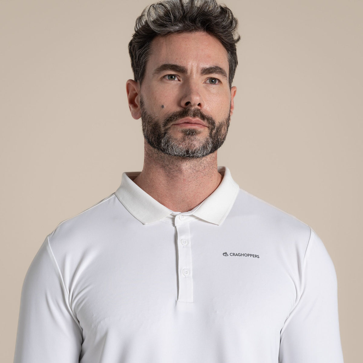 White - Close up - Craghoppers Mens Bramshaw Golf Nosilife Long-Sleeved Polo Shirt