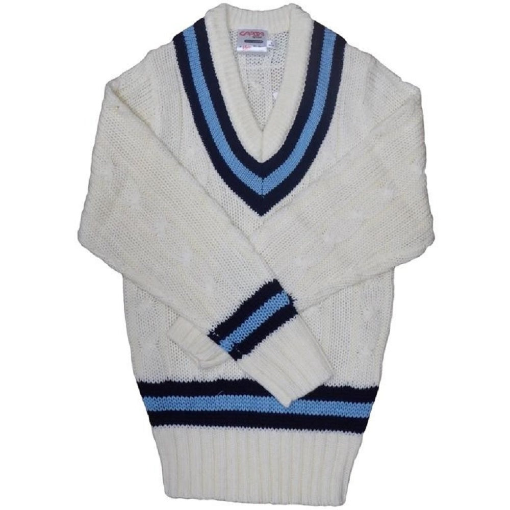 Off White-Navy-Sky Blue - Front - Carta Sport Mens Cricket Jumper