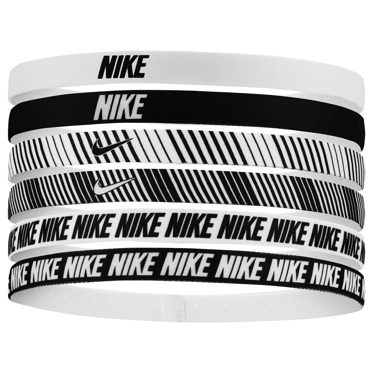 White-Black - Front - Nike Classic Printed Flexible Hairband (Pack of 6)
