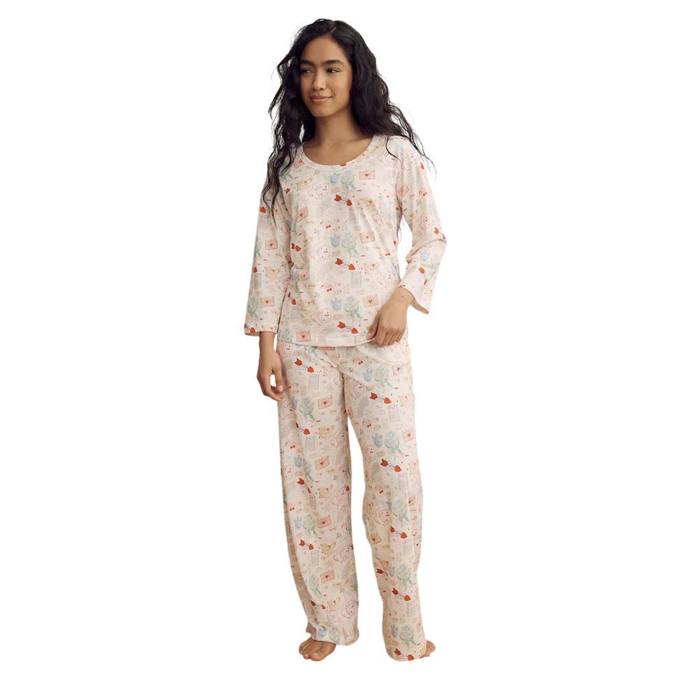 Cream - Side - Cath Kidston Womens-Ladies Heart Cotton Jersey Valentine Pyjama Set