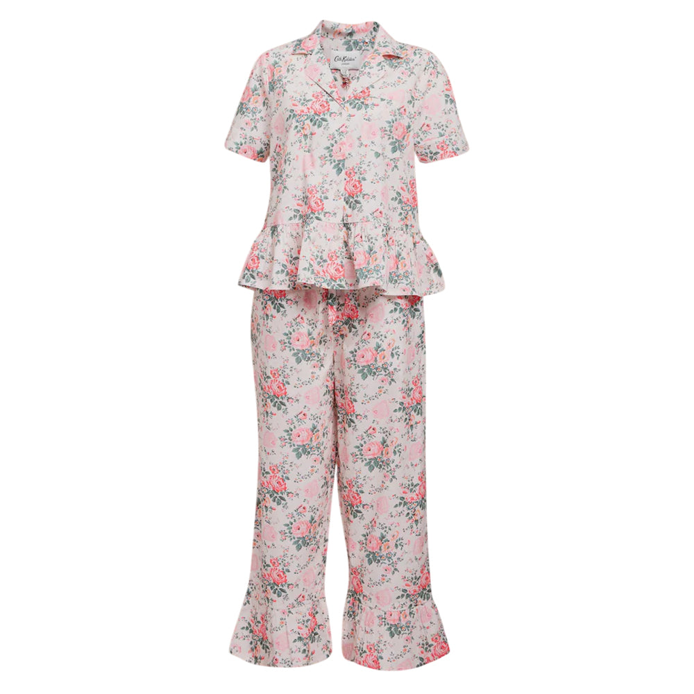 Cream - Front - Cath Kidston Womens-Ladies Hackney Rose Cotton Frill Pyjama Set