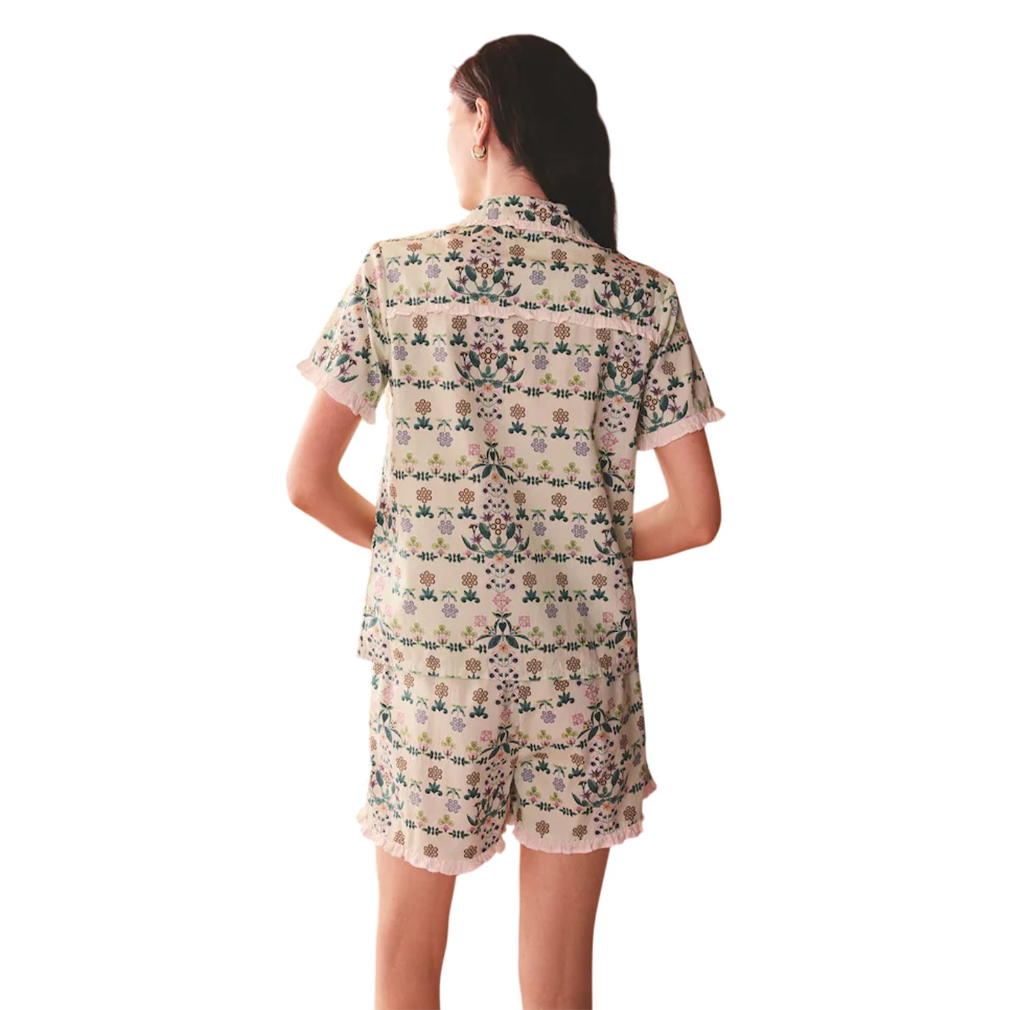 Green - Back - Cath Kidston Womens-Ladies Flowers Frill Detail Pyjama Set