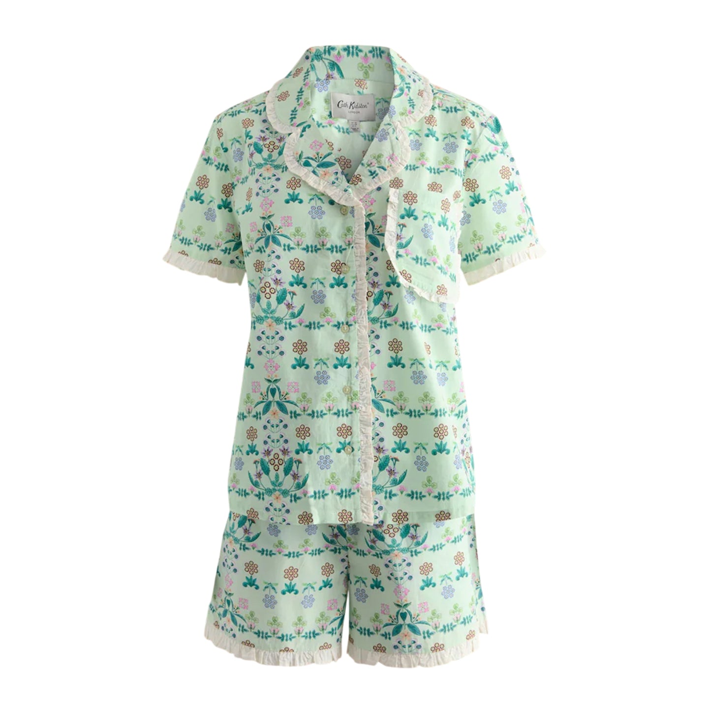 Green - Front - Cath Kidston Womens-Ladies Flowers Frill Detail Pyjama Set