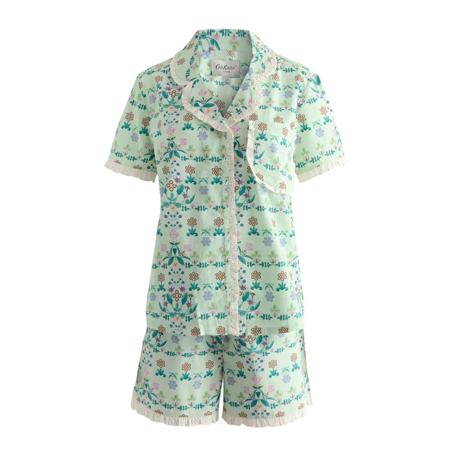 Green - Front - Cath Kidston Womens-Ladies Flowers Frill Detail Pyjama Set