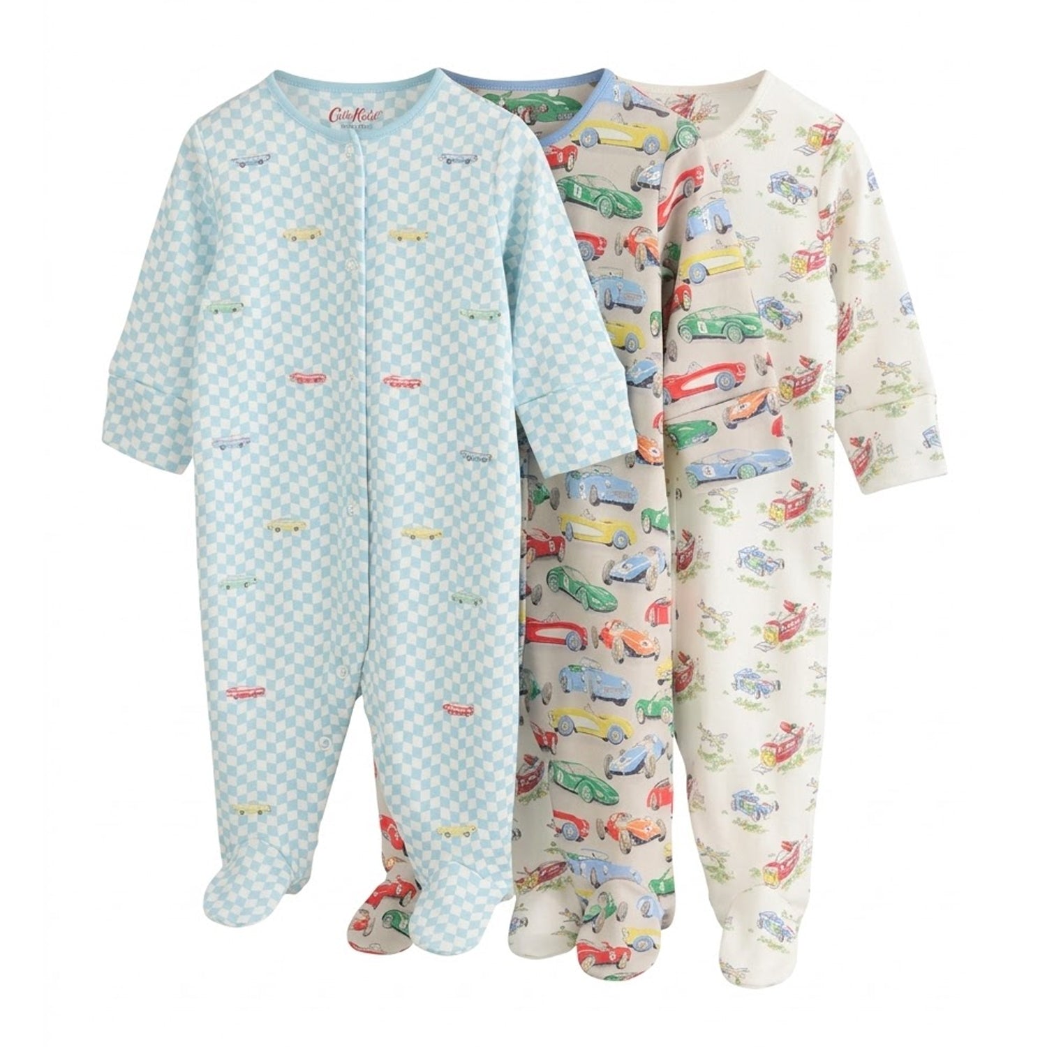 Blue-Green - Front - Cath Kidston Baby Retro Cars Babygrow (Pack of 3)