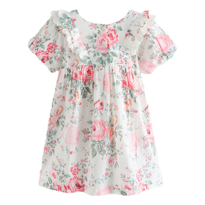 Pink - Back - Cath Kidston Girls Roses Frill Short-Sleeved Dress