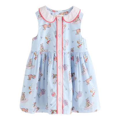 Blue - Front - Cath Kidston Girls Dog Print Cotton Collared Dress