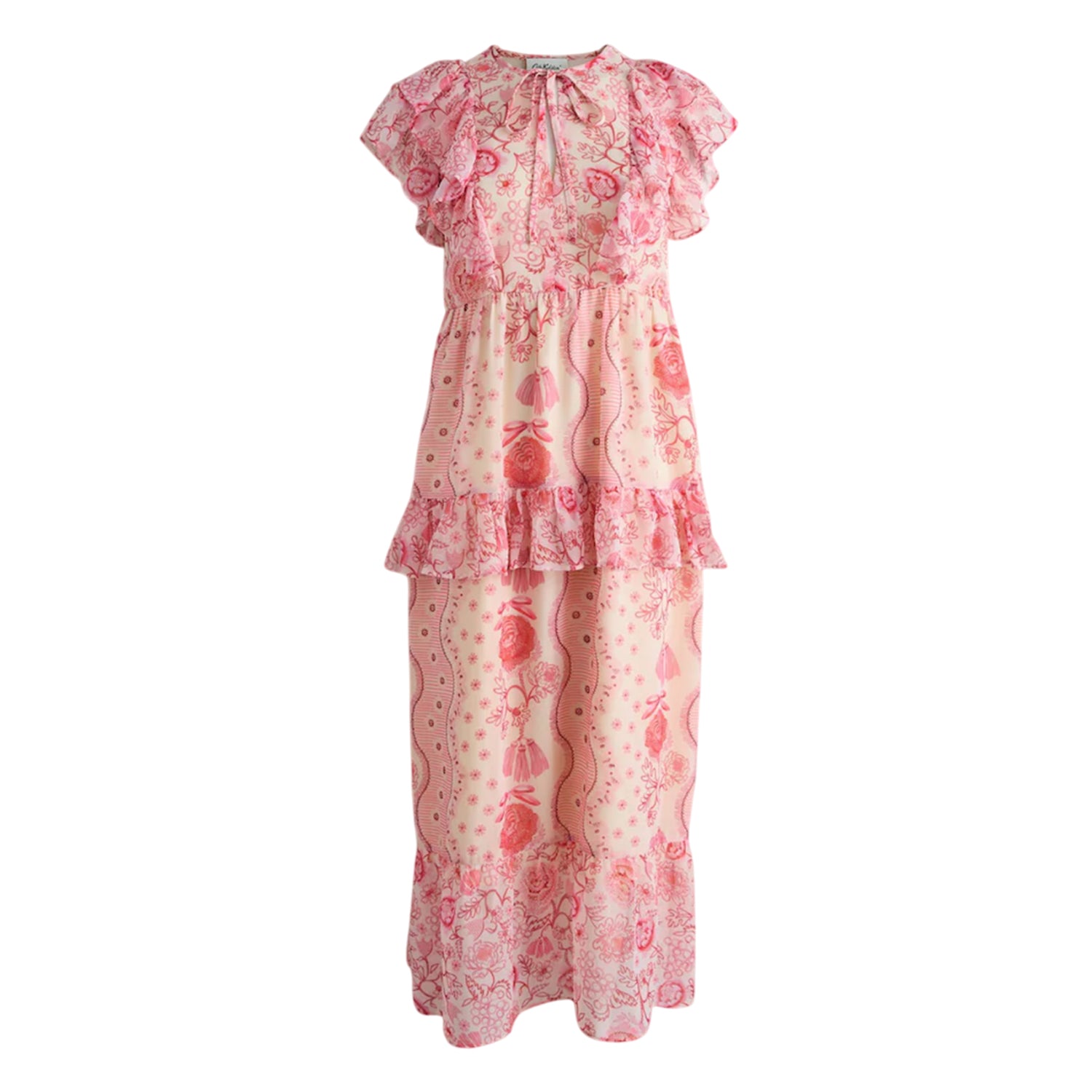 Pink - Front - Cath Kidston Womens-Ladies Floral Tie Neck Short-Sleeved Maxi Dress