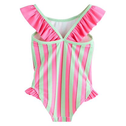 Pink-Green - Back - Cath Kidston Girls Panda Stripes One Piece Swimsuit