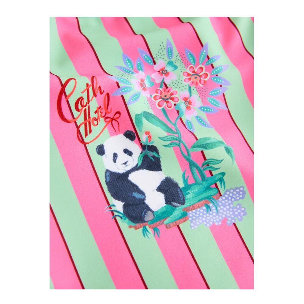 Pink-Green - Side - Cath Kidston Girls Panda Stripes One Piece Swimsuit