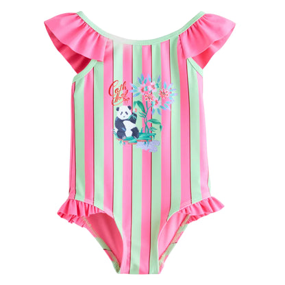 Pink-Green - Front - Cath Kidston Girls Panda Stripes One Piece Swimsuit