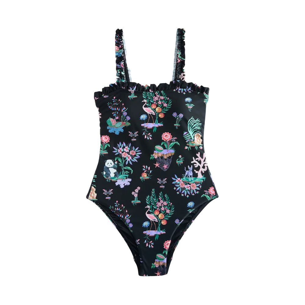 Black - Front - Cath Kidston Womens-Ladies Island Print Frill Trim One Piece Swimsuit