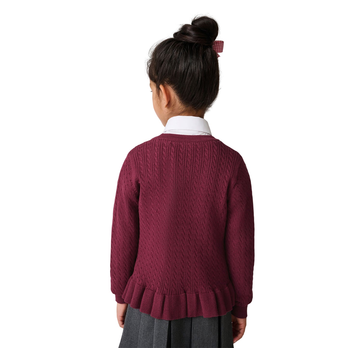 Burgundy - Back - Clarks Girls Cable Knit Frill School Cardigan