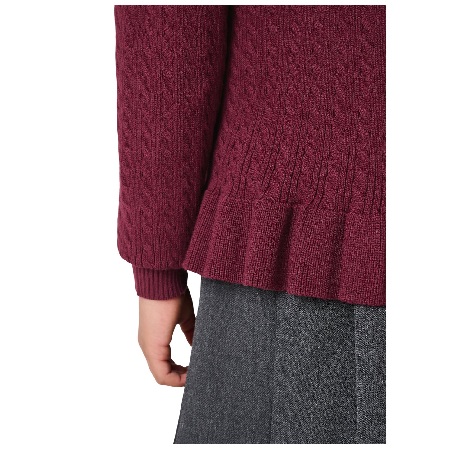 Burgundy - Side - Clarks Girls Cable Knit Frill School Cardigan