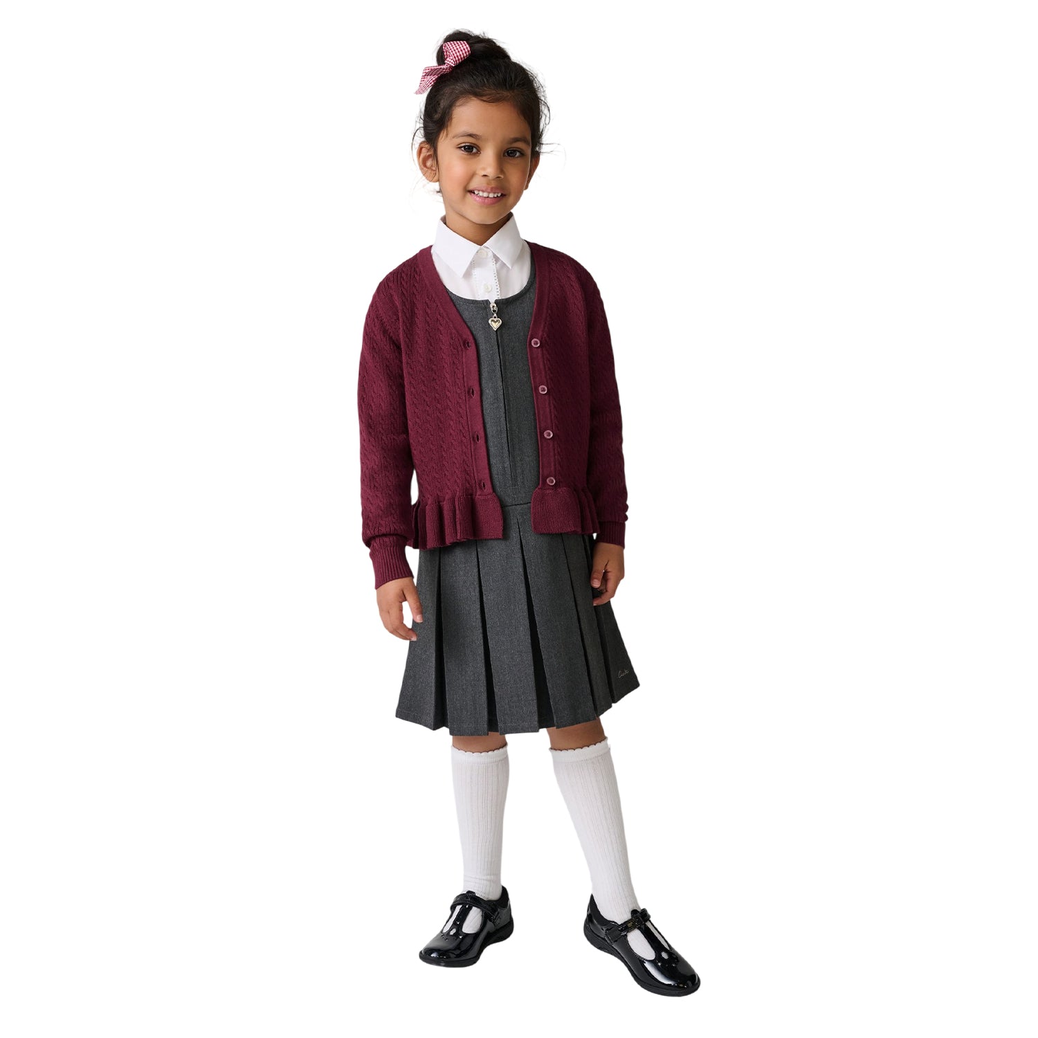 Burgundy - Lifestyle - Clarks Girls Cable Knit Frill School Cardigan
