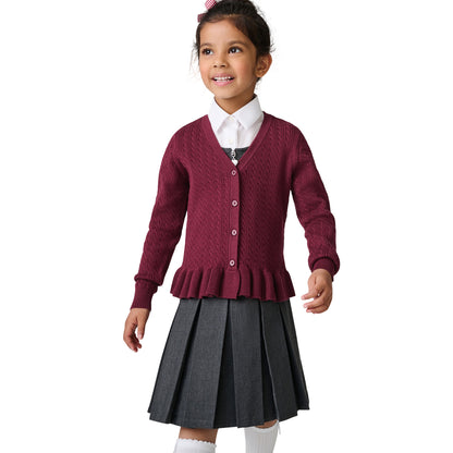 Burgundy - Front - Clarks Girls Cable Knit Frill School Cardigan