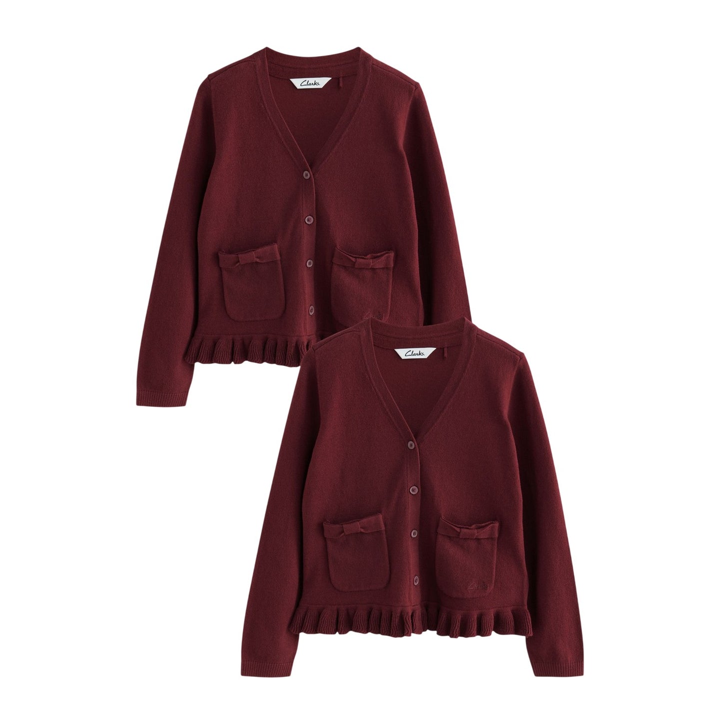 Burgundy - Front - Clarks Girls Bow Knitted School Cardigan (Pack of 2)