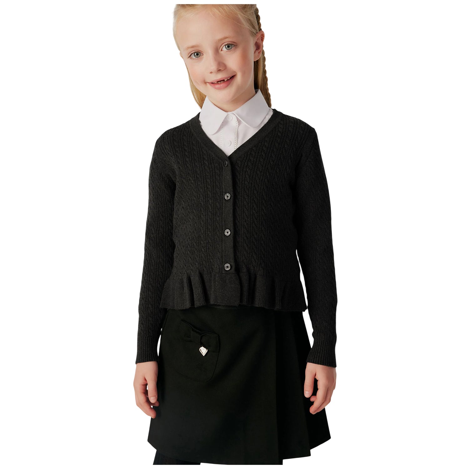 Black - Side - Clarks Girls Cable Knit Frill School Cardigan