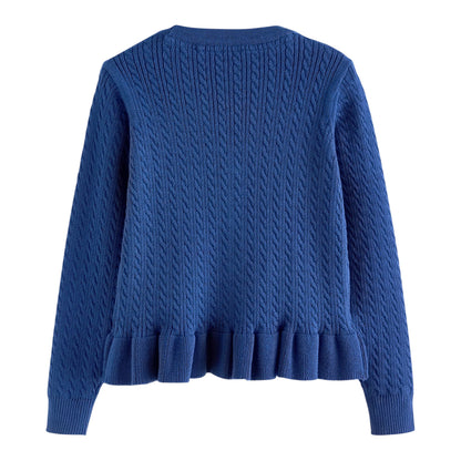 Blue - Back - Clarks Girls Cable Knit Frill School Cardigan