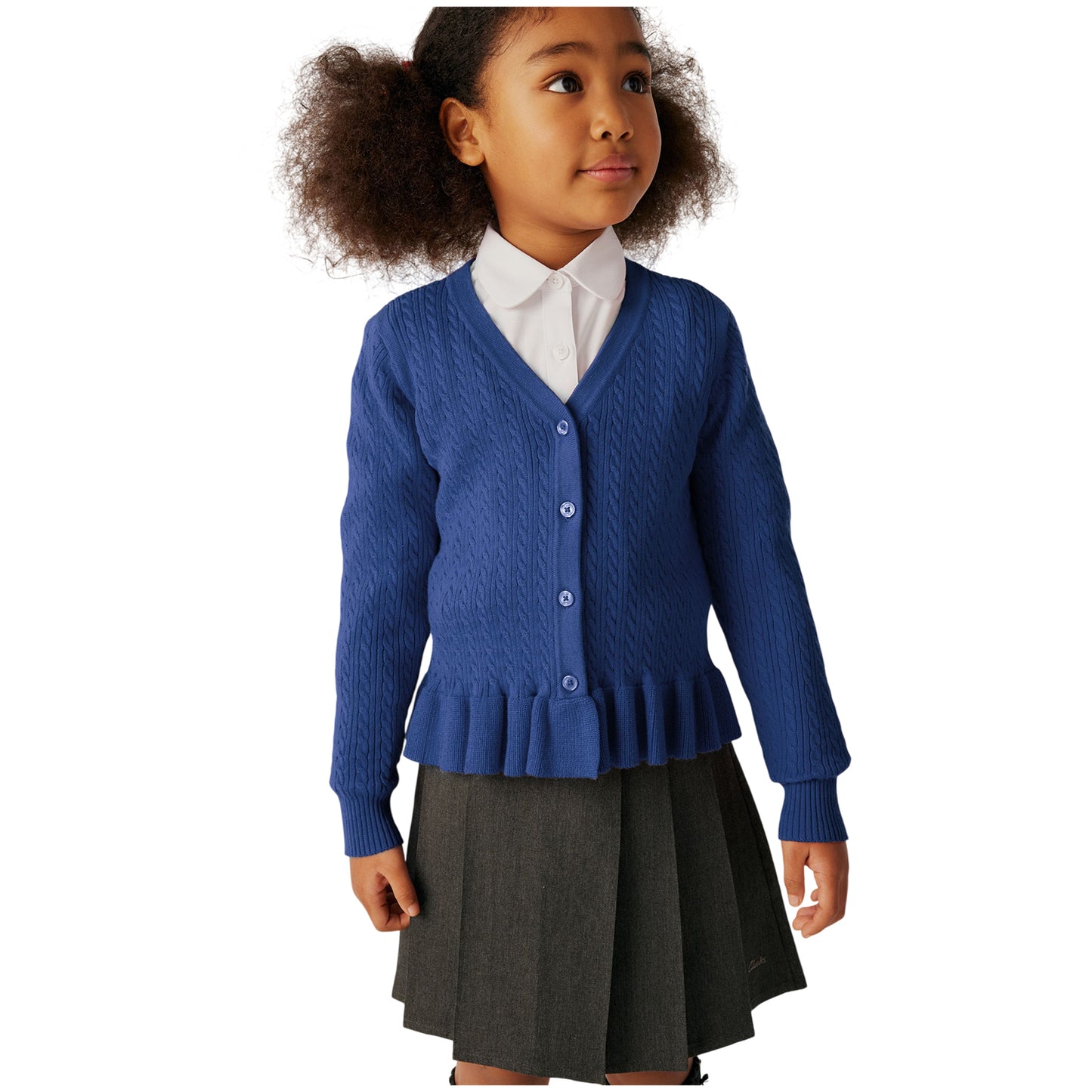 Blue - Side - Clarks Girls Cable Knit Frill School Cardigan