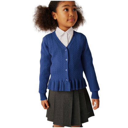 Blue - Side - Clarks Girls Cable Knit Frill School Cardigan