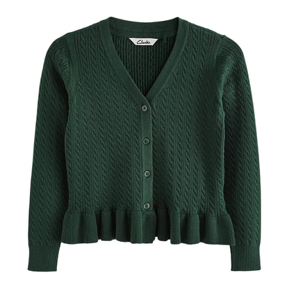 Green - Front - Clarks Girls Cable Knit Frill School Cardigan