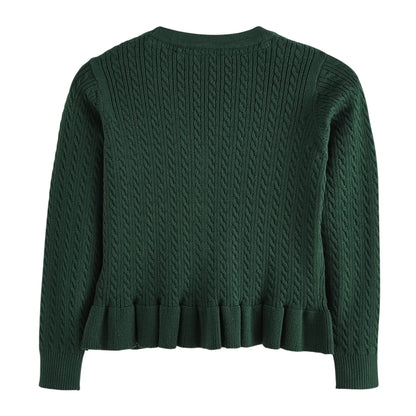 Green - Back - Clarks Girls Cable Knit Frill School Cardigan