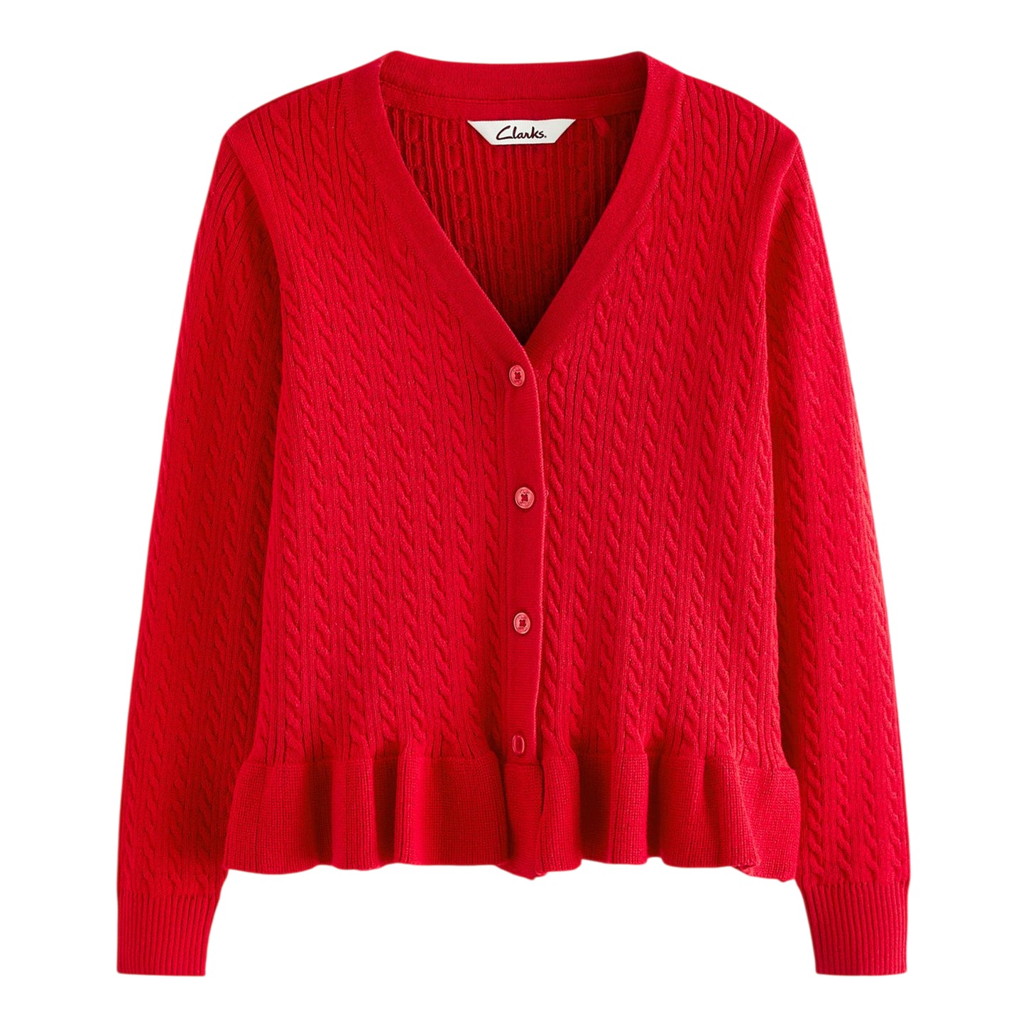 Red - Front - Clarks Girls Cable Knit Frill School Cardigan