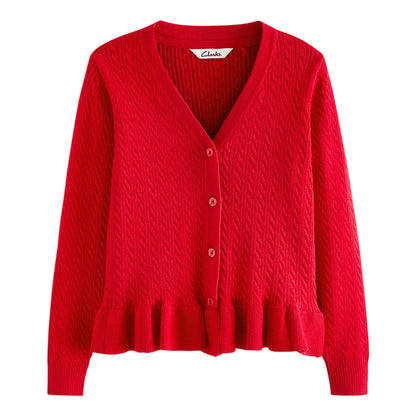 Red - Front - Clarks Girls Cable Knit Frill School Cardigan