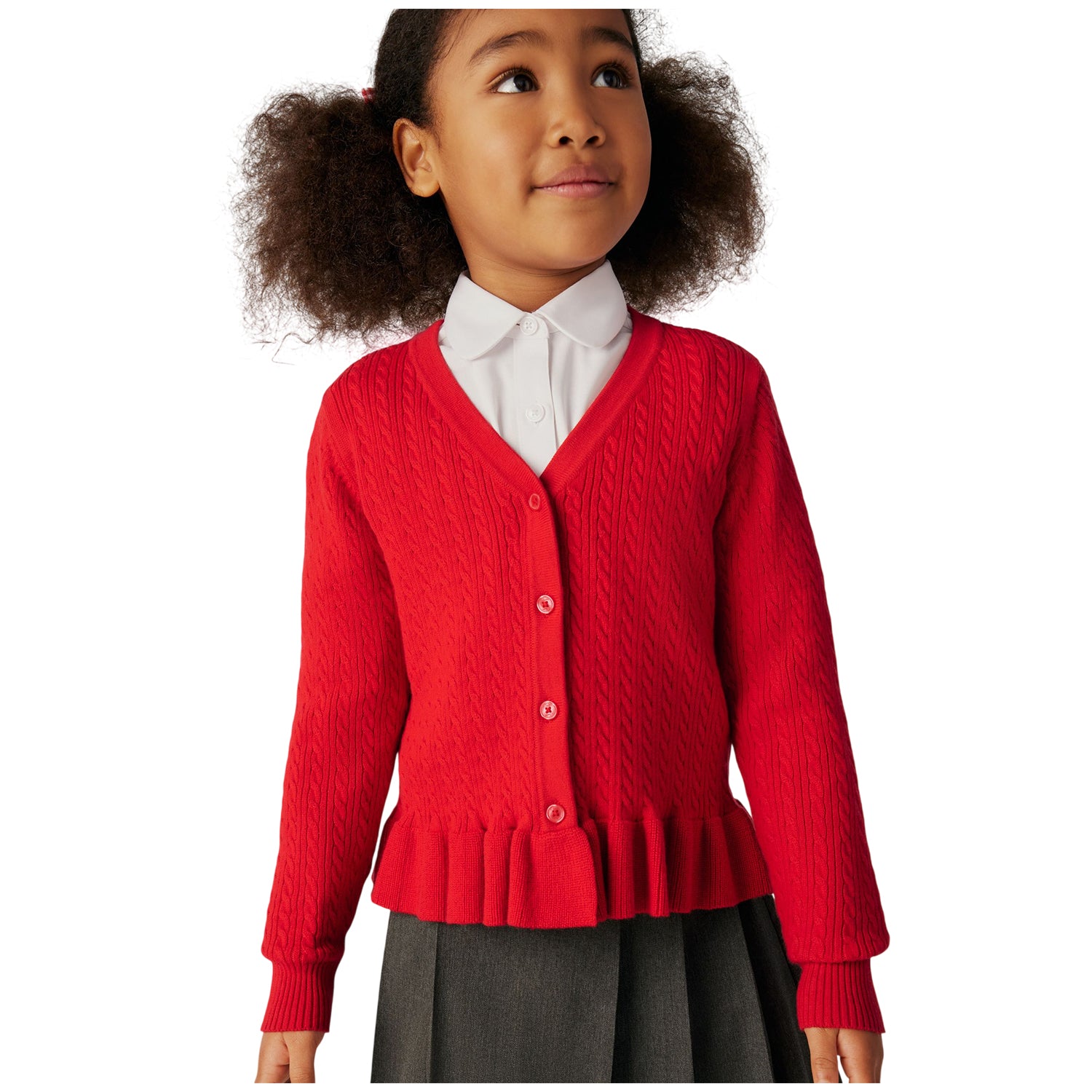 Red - Side - Clarks Girls Cable Knit Frill School Cardigan