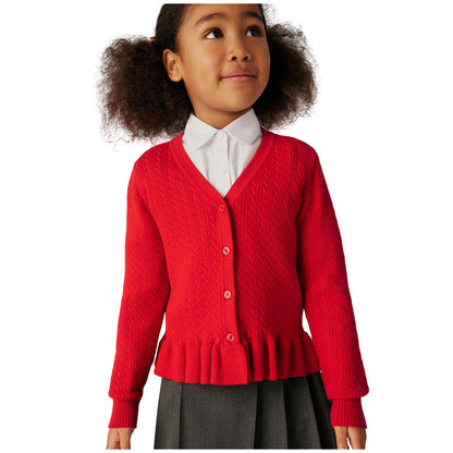 Red - Side - Clarks Girls Cable Knit Frill School Cardigan