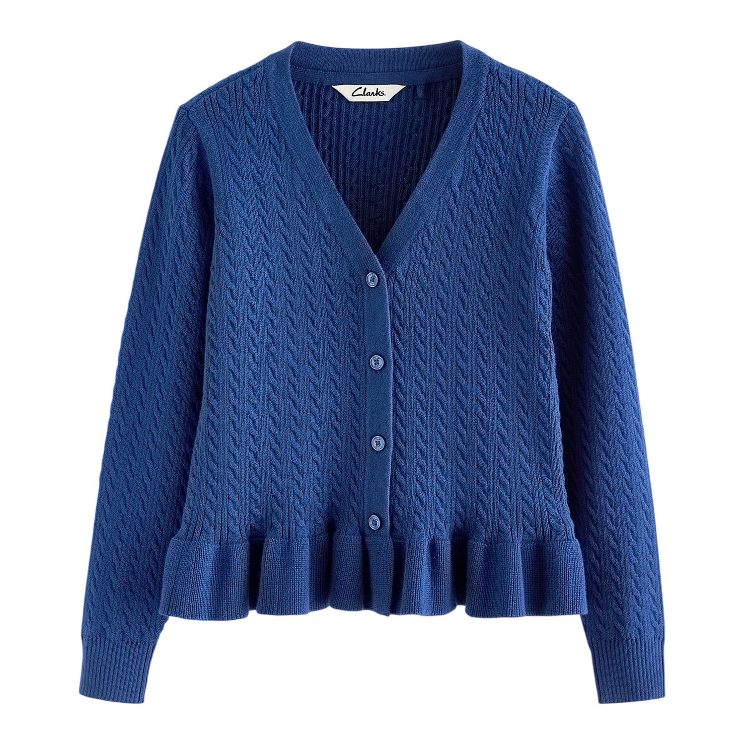 Blue - Front - Clarks Girls Cable Knit Frill School Cardigan