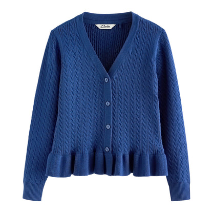 Blue - Front - Clarks Girls Cable Knit Frill School Cardigan