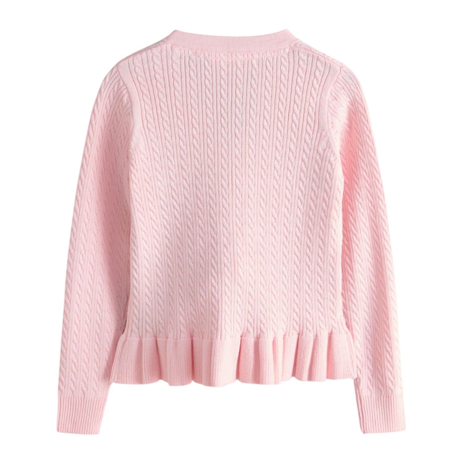 Pink - Back - Clarks Girls Bow Knitted Frill Hem Cardigan