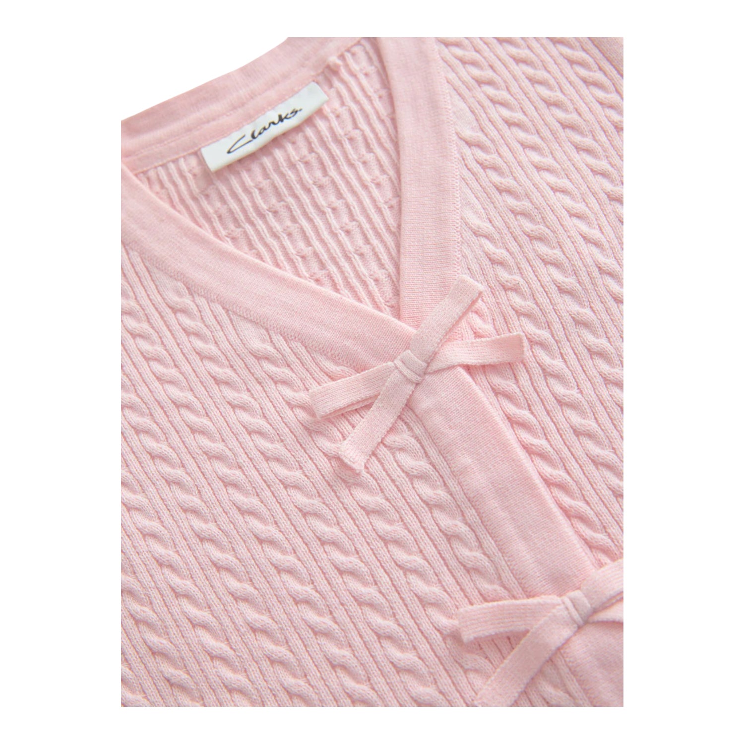 Pink - Side - Clarks Girls Bow Knitted Frill Hem Cardigan