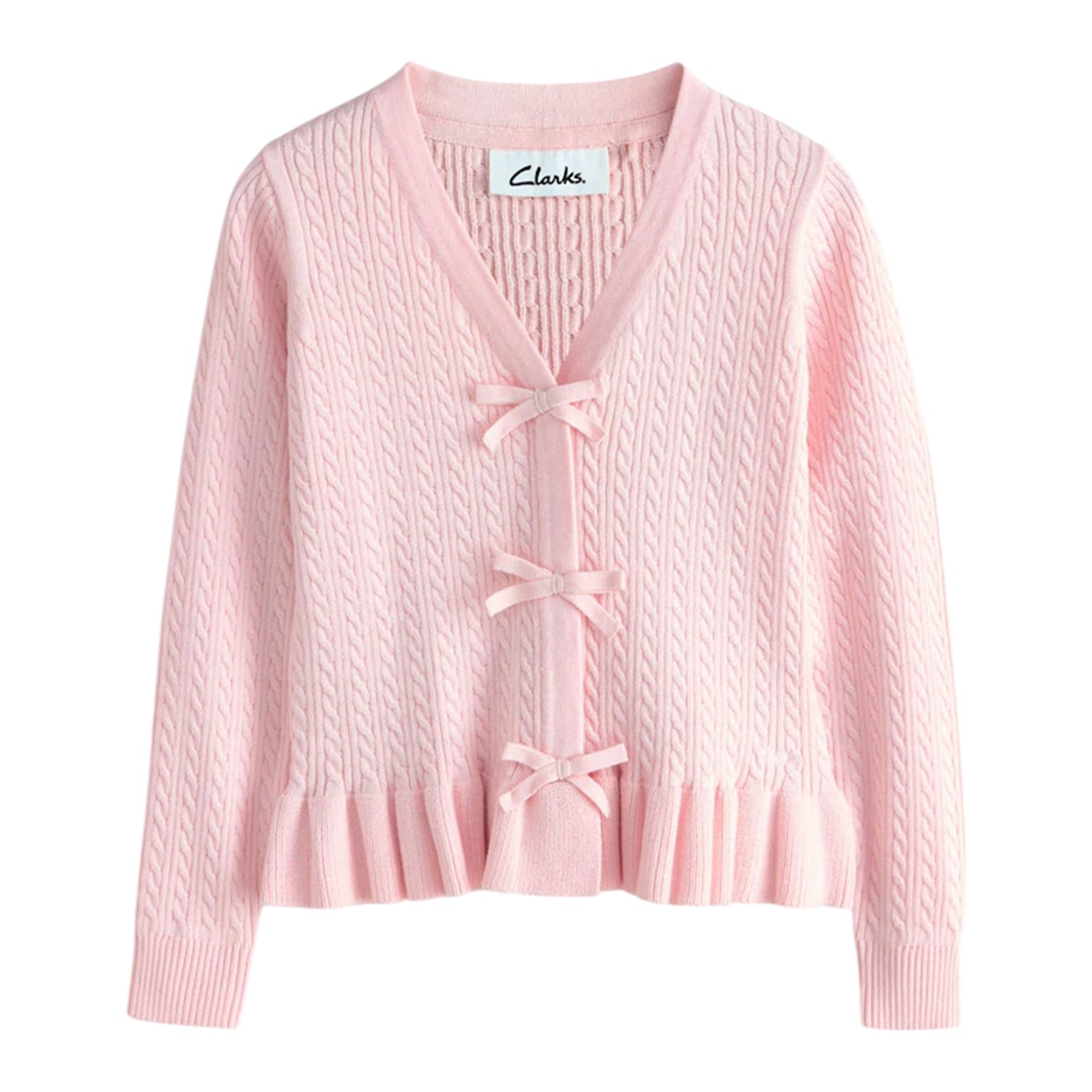 Pink - Front - Clarks Girls Bow Knitted Frill Hem Cardigan