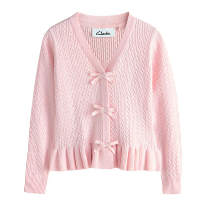 Pink - Front - Clarks Girls Bow Knitted Frill Hem Cardigan