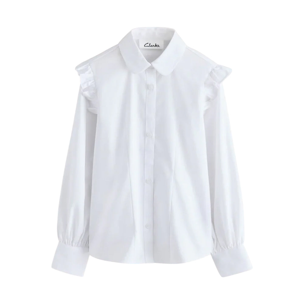 White - Side - Clarks Girls Frill Shoulder Long-Sleeved Shirt (Pack of 2)