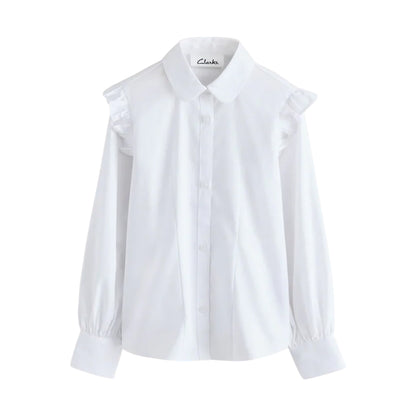 White - Side - Clarks Girls Frill Shoulder Long-Sleeved Shirt (Pack of 2)