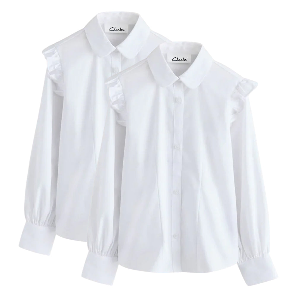White - Front - Clarks Girls Frill Shoulder Long-Sleeved Shirt (Pack of 2)
