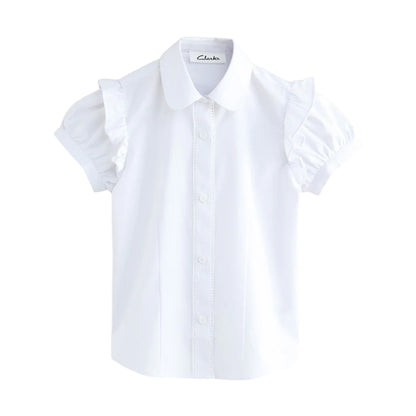 White - Side - Clarks Girls Frill Shoulder Short-Sleeved Shirt (Pack of 2)