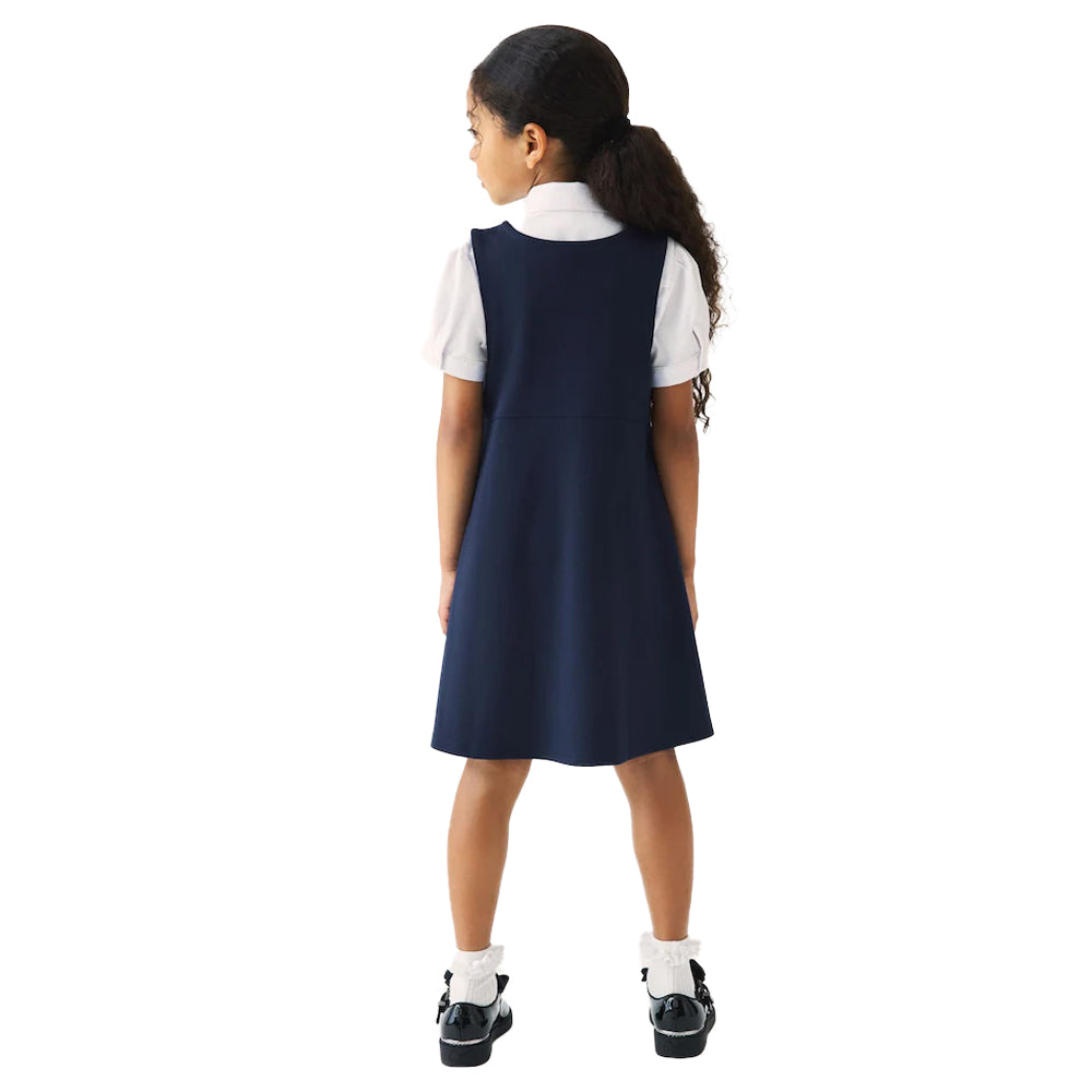 Navy - Back - Clarks Girls Ponte Button Detail Pinafore Dress
