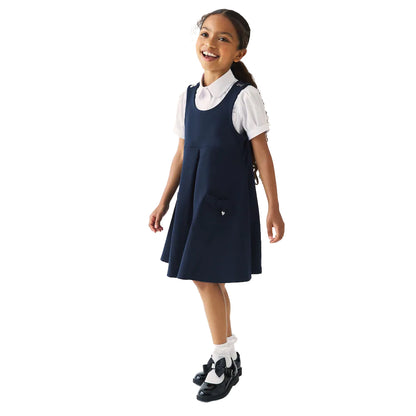 Navy - Side - Clarks Girls Ponte Button Detail Pinafore Dress