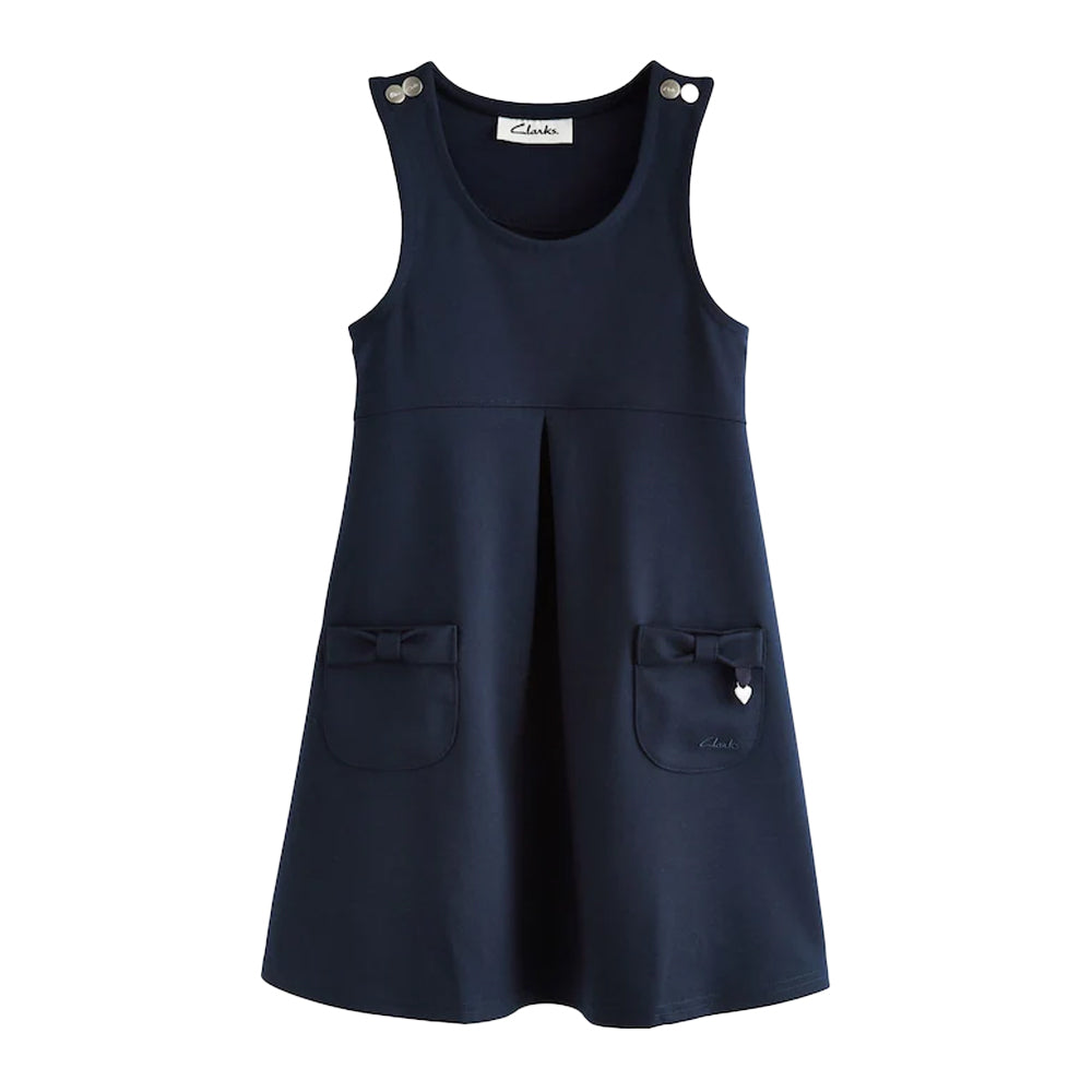 Navy - Front - Clarks Girls Ponte Button Detail Pinafore Dress