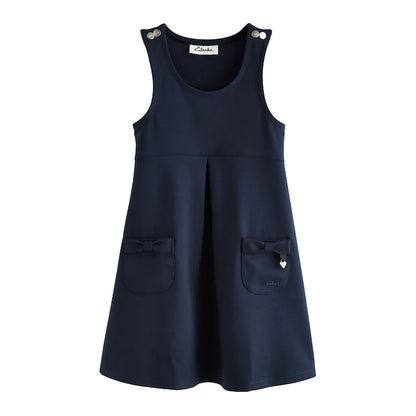 Navy - Front - Clarks Girls Ponte Button Detail Pinafore Dress