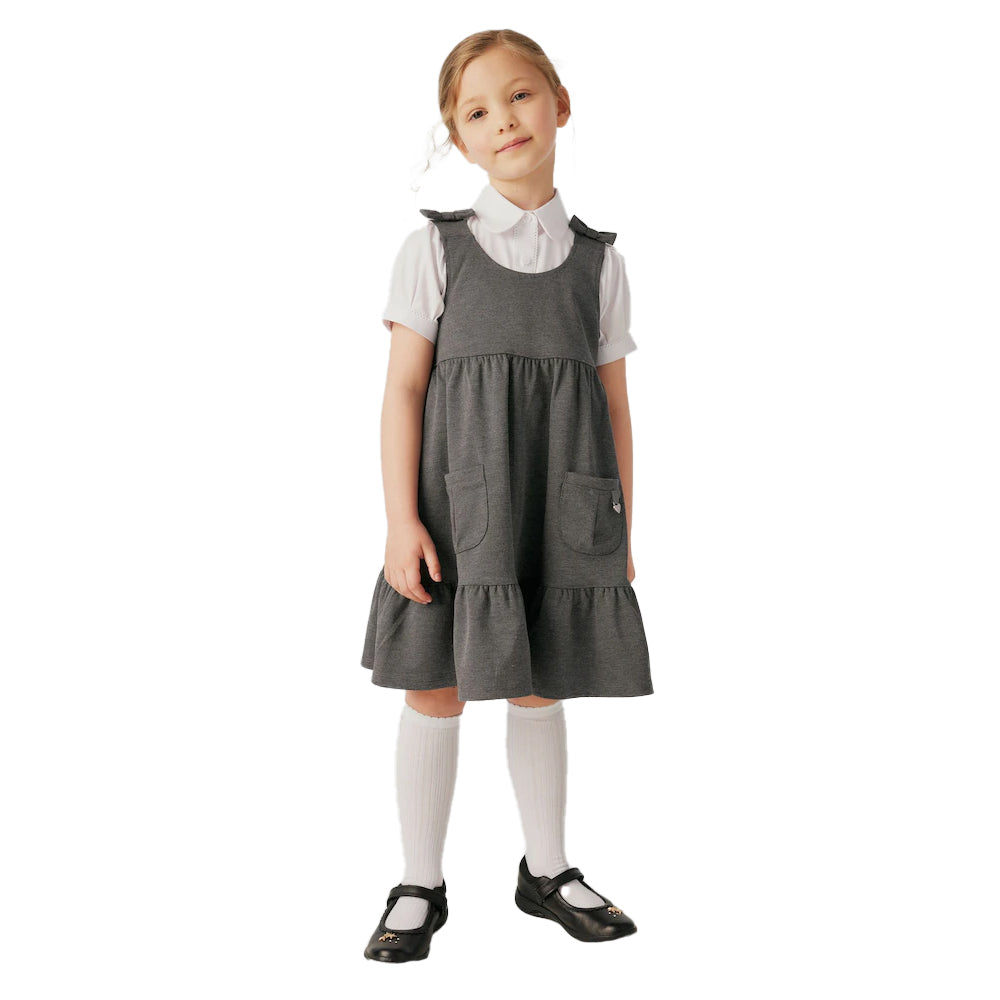 Grey - Side - Clarks Girls Ponte Bow Detail Pinafore Dress