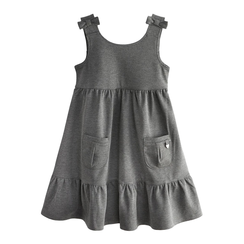 Grey - Front - Clarks Girls Ponte Bow Detail Pinafore Dress
