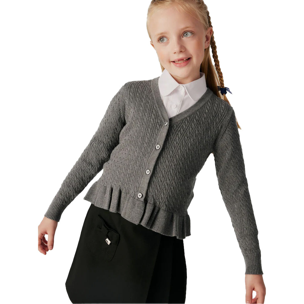 Grey - Side - Clarks Girls Cable Knit Frill Cardigan