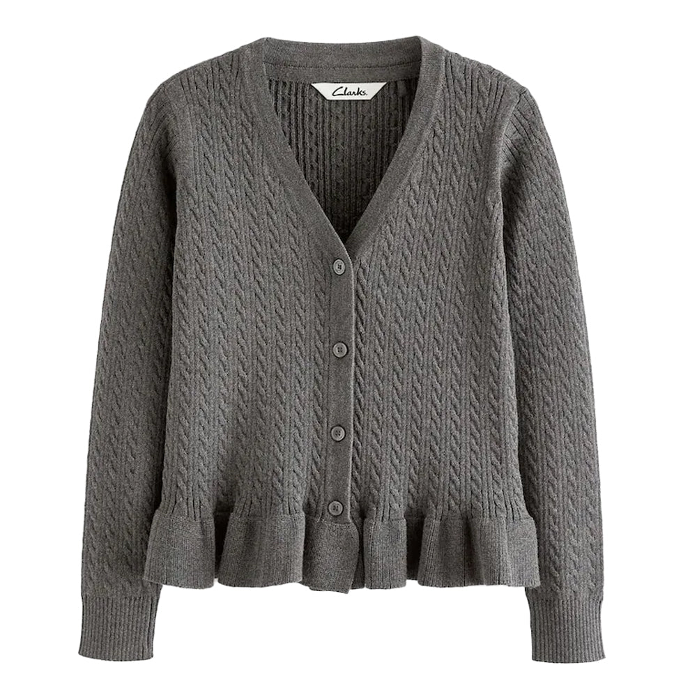 Grey - Front - Clarks Girls Cable Knit Frill Cardigan